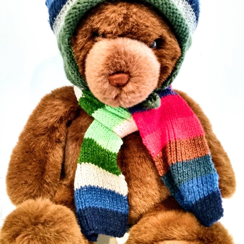 Vintage Gund TEDDY BEAR 19" Plush Stuffed Animal with hand Knit Hat & Scarf